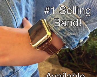 Apple Watch Band 38mm 42mm Women Bracelet iWatch Bands "Brown Suede Strappy Leather" Gold Silver Rose Gold Findings Cover Womens TimeKitSUSA