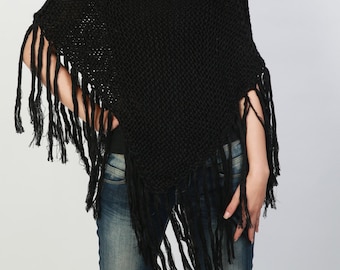 Hand knitted Little cotton poncho knit Fringe scarf knit shrug in black