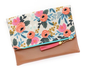 Boho Tassel Clutch in Rifle Paper Company Floral Print and Tan Vegan Leather and Gold zipper close