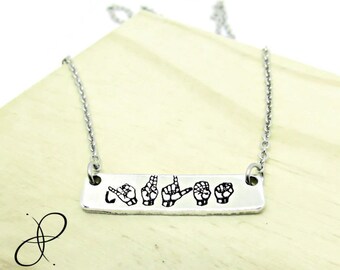 ASL Necklace, Sign Language Name, Personalized Name Necklace, Hand Stamped Jewelry, Sign Gift, Deaf, Hearing Impaired, Interpreter Gift
