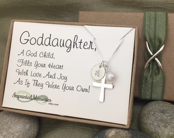 Baptism Gift for Goddaughter First Communion Gift for Her - ROUNDED Cross Necklace Pearl Sterling Silver Godchild Gift Goddaughter Necklace