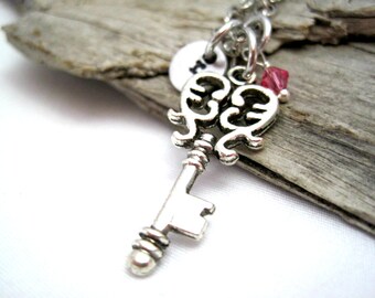 Skeleton Key Necklace - Personalized Necklace - Monogram Necklace - Birthstone Necklace - Silver Key Necklace - Personalized Key Necklace