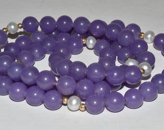 Vintage Lavender Jade Pearl 14k Gold Beaded Necklace 27" long 74.3 grams