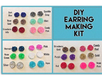 DIY earring Kit, druzy earring kit, jewelry making kit, earring set, diy kit, diy jewelry, druzy studs, 12mm Druzy, cabochon, stud earrings
