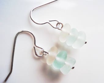 Seaham Sea Glass hook earrings of white stacked drops suspended from Sterling Silver hooks - E1784 - from Seaham, UK