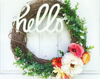Hello Wreath | Warm Colors + Greenery Wreath | Spring Wreath | Summer Wreath | Greenery Wreath | Grapevine Wreath | Front Door Wreath