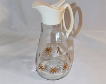Mid-Century Log Cabin Glass Syrup Pitcher with Gold Starburst Design