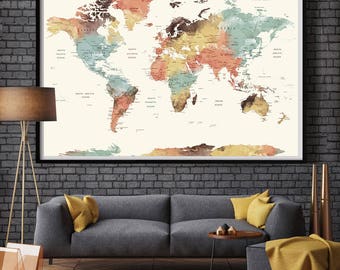 world map wall art world map push pin large watercolor wall art worldmap poster