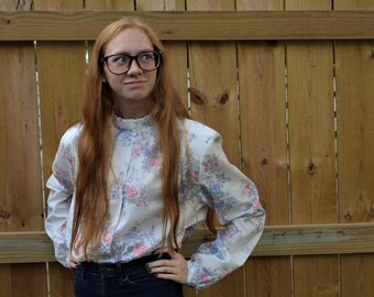 Vintage White Blouse with Pink and Purple Flowers
