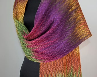 Handwoven Multi-color Bamboo and Tencel Scarf or Shawl, Autumn Leaves Colors Wrap, Handpainted Bamboo and Eggplant Tencel Wide Scarf