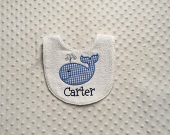 Baby Boy Personalized Bib, Smiling Whale Applique Personalized with Child's Name