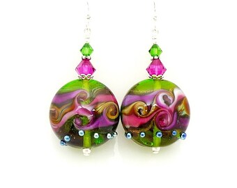 Green Hot Pink Earrings, Lampwork Earrings, Glass Earrings, Glass Bead Earrings, Lampwork Jewelry, Unusual Earrings, Colorful Earrings
