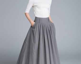 Dark grey skirt, linen skirt, full skirt, swing skirt, long skirt with wide waistband, pleated skirt, classic skirt, spring skirt 1664