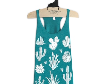 XL- Tri-Blend Teal Racerback Tank with Cactus Screen Print