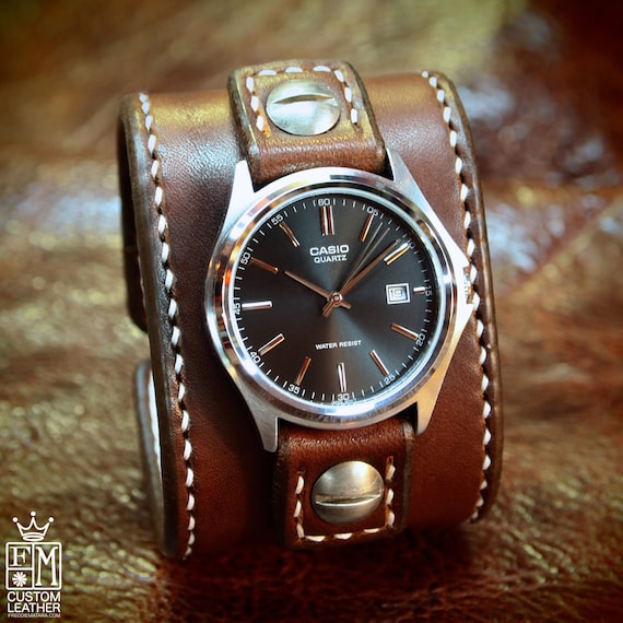 Leather cuff Watch -Vintage brown bridle leather handstitched watch band with Casio watch custom made for YOU in Brooklyn NY