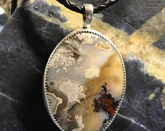 Crazy Lace Agate and Fine Silver and Sterling Pendant with Braided Leather Chain