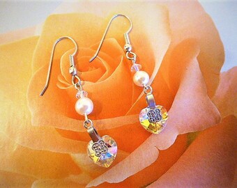 Vintage 5 cm Pearl and Aurora Borealis swarovski crystal heart earrings