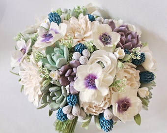 Clay wedding bouquet Keepsake Bridal bouquet with succulents, dahlia, anemones and peonies White Purple navy blue bouquet Deco clay bouquet