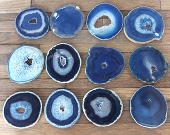 CLEARANCE *** Set of 12 Agate Slices / BLUE Agate / Geode Coasters / Natural Edge Slices (W54)