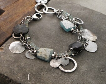Oxidized sterling silver and roman glass - bracelet