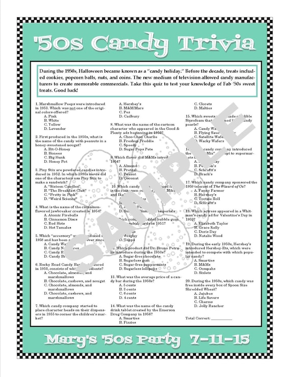 1950s Candy Trivia Printable GamePersonalize for Birthdays