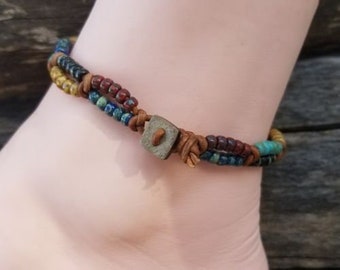 Beaded Leather Wrap Anklet Ankle Bracelet Seed Bead Leather Wrap Ankle Bracelet Bohemain Jewelry Beach Jewelry
