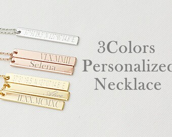 Vertical Bar Necklace, Custom Name Necklace, Name Bar Necklace, Coordinate Necklace, Roman Numeral Necklace, Personalized Necklace,Engraving