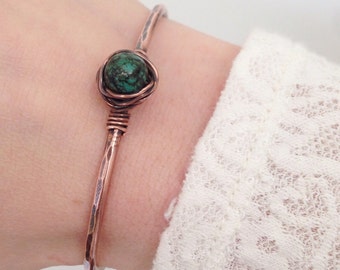 Turquoise & Copper Bracelet, Wire-Wrapped, Cuff
