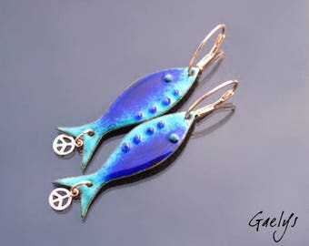 Earrings - small sardines - fish enameled copper - large - Royal Blue and green turquoise
