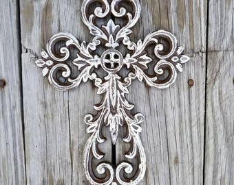 wall cross, iron wall cross, ornate cross, floral cross, shabby chic cross, rustic cross, cross wall decor, painted cross, religious decor