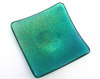 Green translucent iridescent glass dish, square tealight holder, shallow glass bowl, candle dish, small soap dish, change tray, jewelry,