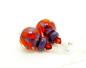 Orange and Purple Earrings, Lampwork Earrings, Glass Earrings, Glass Bead Earrings, Unique Earrings, Lotus Flower Earrings, Unusual Earrings