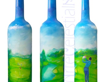 Hand painted vodka bottle with golf player.