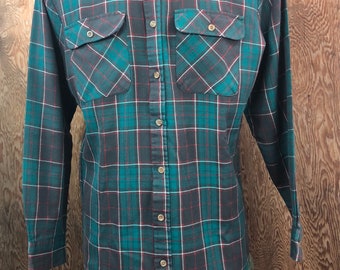 Vintage 1980's Green Plaid Flannel Shirt Size Medium