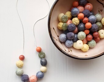 driftwood necklace - remixed lucite beads - pastels - natural earthtones - coral, slate, sage, cream, grey