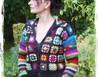 PDF Crochet Pattern for Granny Square Jacket with optional Hood or Collar Instant Download