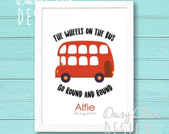 Personalised Nursery Rhyme Print - Children's nursery print - Nursery decor - Red Bus illustration - Wheels on the bus - Personalised gift