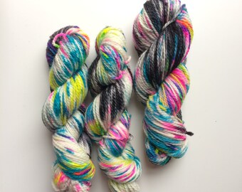 New colour Hand dyed Aran yarn in British Blue Faced Leicester superwash in The dark side of Ziggy. 100g 166m ethically sourced.