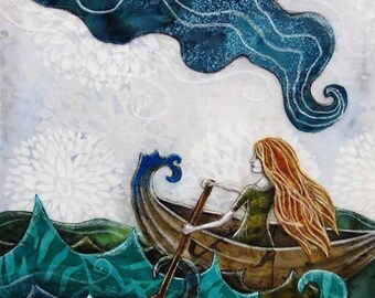 Gift for her, unique nursery decor, ocean art, She never looked back, adventure dreamer, girl in a boat, 8.5 x 11 Reproduction Print