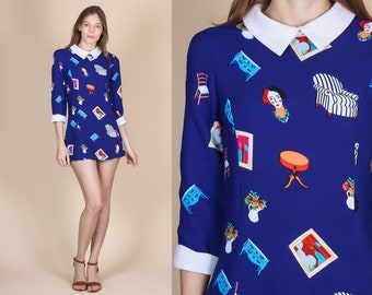 70s Cartoon Furniture Dress - XS to Small // Vintage Peter Pan Collar Mod Micro Mini