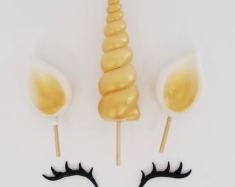 Unicorn Cake Topper Set, Horn, Ears and lashes, assorted colors available, edible