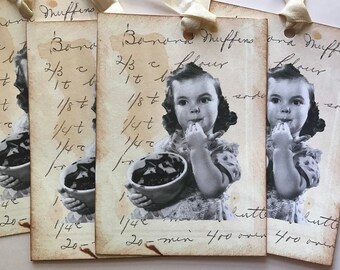 Banana Muffins Recipe Card Tags Vintage Image Retro Christmas Gift Tags