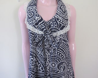 1960s Navy Blue and White Abstract Print Maxi Dress, Size S