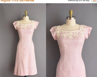 25% OFF SHOP SALE..//.. 50s Jerry Gilden pink linen vintage wiggle dress. 1950s vintage dress