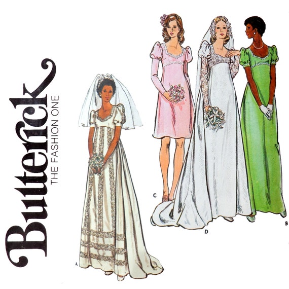 1970s Wedding  Dress  Sewing Pattern  Empire  Waist  Puff Sleeves