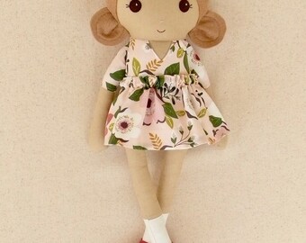 Fabric Doll Rag Doll 20 Inch Light Brown Haired Girl in Pink and Plum Floral Dress with Pink MaryJanes