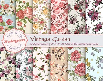 floral digital paper " Vintage Garden " vintage flowers,floral background,flower pattern,digital flowers scrapbook,wedding, blossom