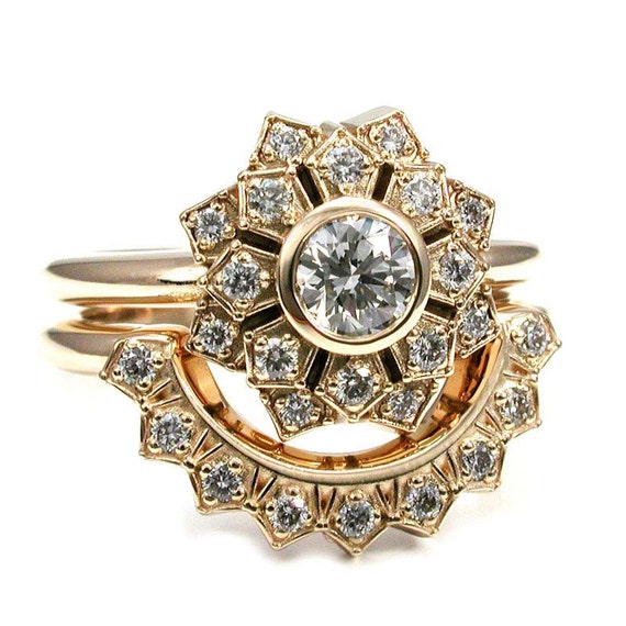Flower Halo Ring - Art Deco Engagement Ring Set - Diamond or Moissanite and Yellow Gold Wedding Set