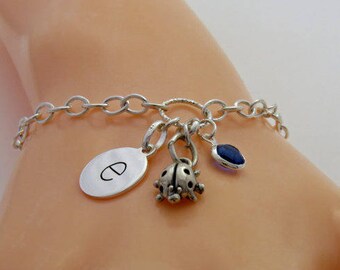 Sterling Silver Ladybird Bracelet, Ladybird Charm Bracelet, ladybug Bracelet, Initial Charm Bracelet, Sterling Silver Ladybug Bracelet
