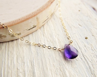 Genuine Amethyst Necklace, Gold Choker, 14kt Gold Filled Amethyst Pendant, Amethyst Teardrop, February Jewelry, February Birthstone Drop